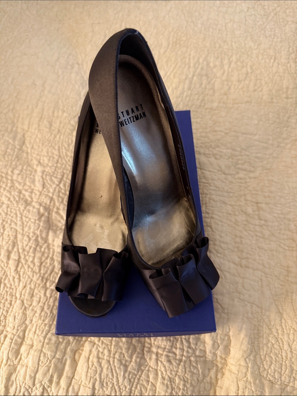 Stuart Weitzman Chocolate Brown Satin Peep-Toe Pumps with Front Ruffle Detail